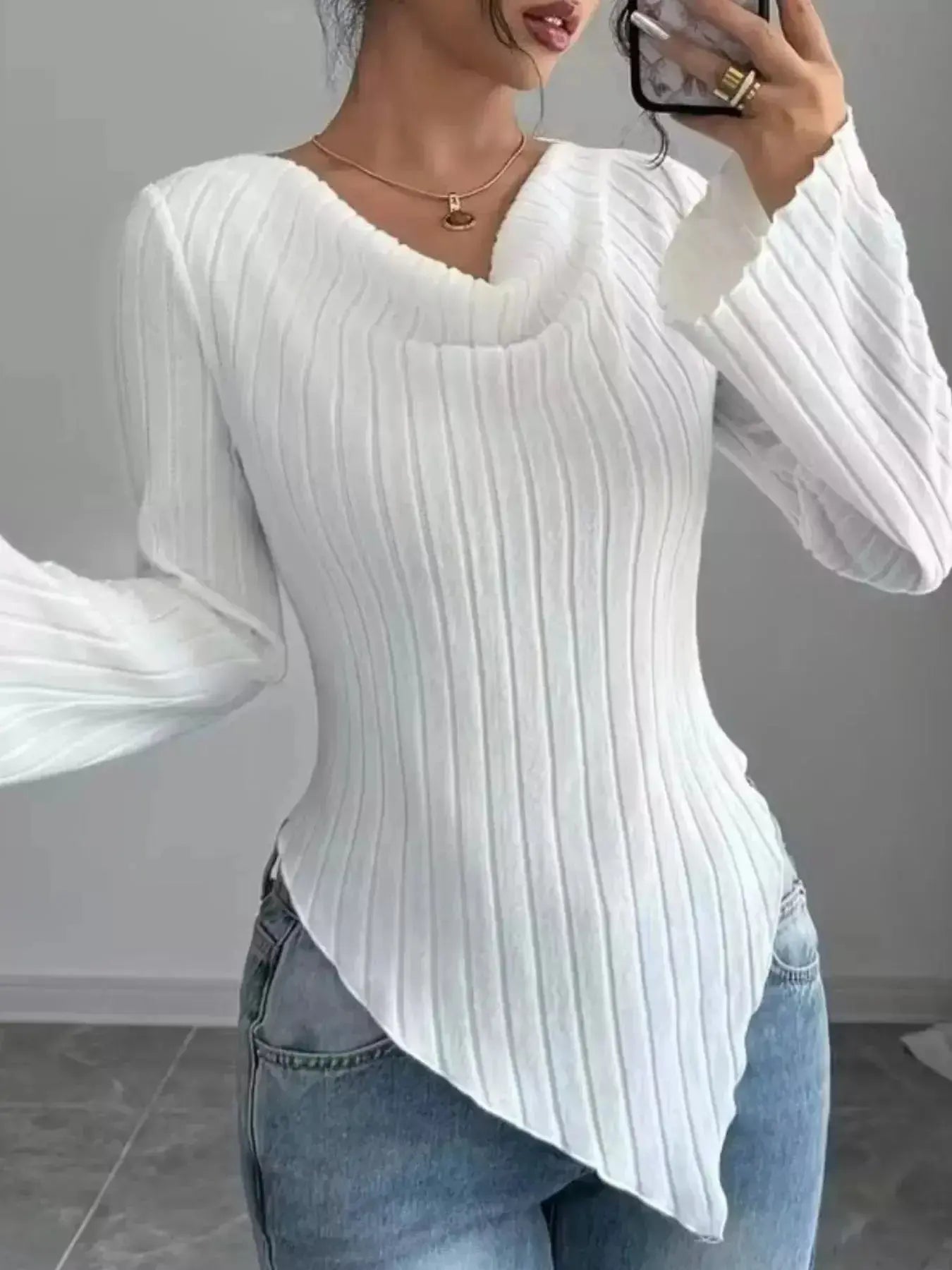 Cowl Neck Ribbed Knit Top - DaisyDrop 