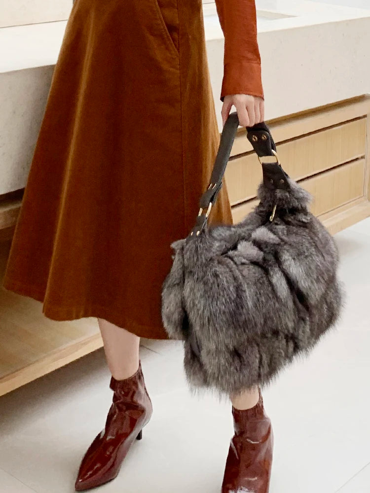 Women Winter Real Fox Fur Luxury Handbag