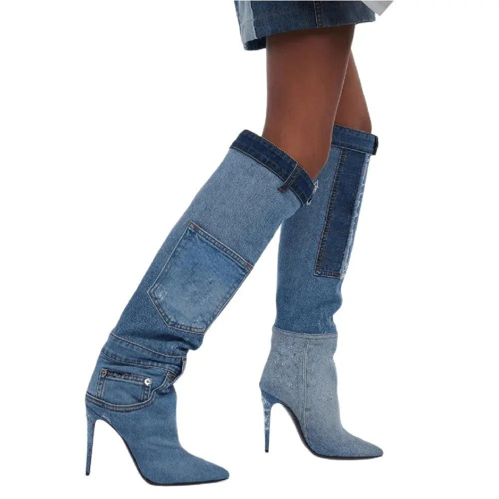 Blue Denim Pocket Pointed Toe Worn Washed Cloth Over The Knee Boots eprolo