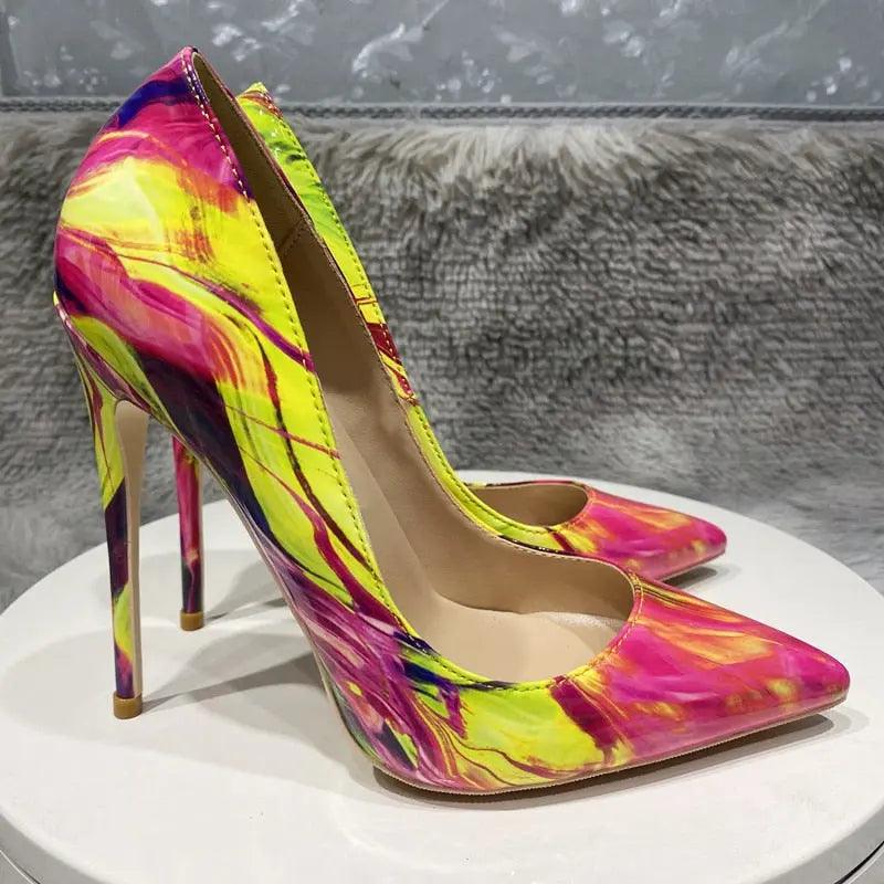 Glossy Colorful Print Women Pointed Toe High Heels eprolo