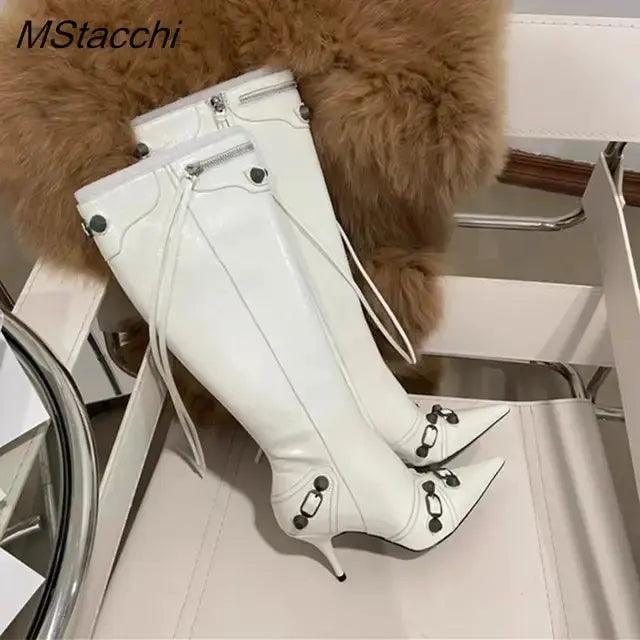Zipper-Sid Long Botas De Mujer Metal Rivet Women High Knee Pointed Toe Boots eprolo