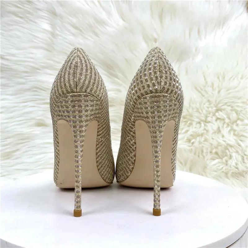 Plaid Glitter Gold Sequined Women Pointy Toe High Heels eprolo