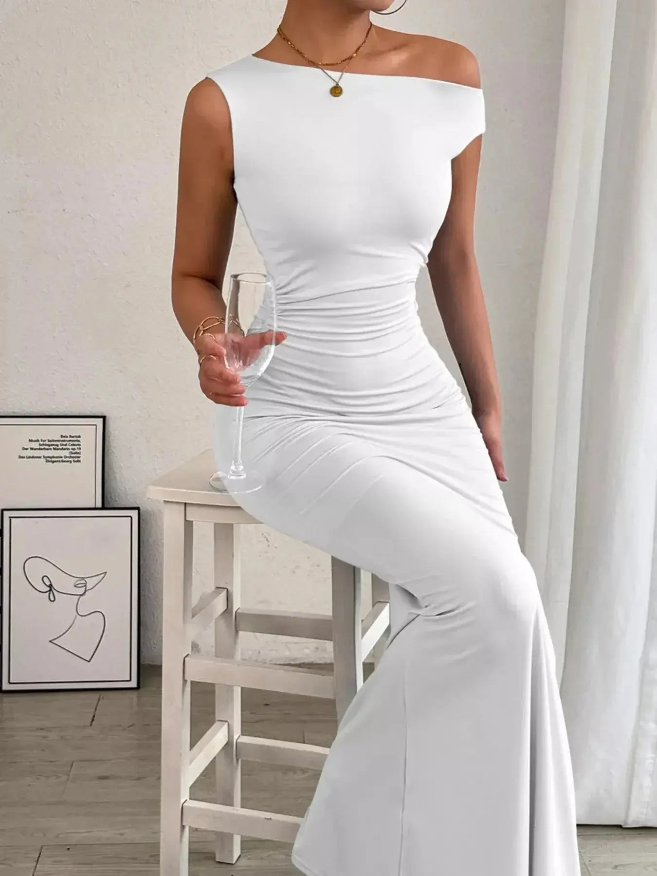 One-Shoulder Ruched Bodycon Maxi Dress - DaisyDrop 