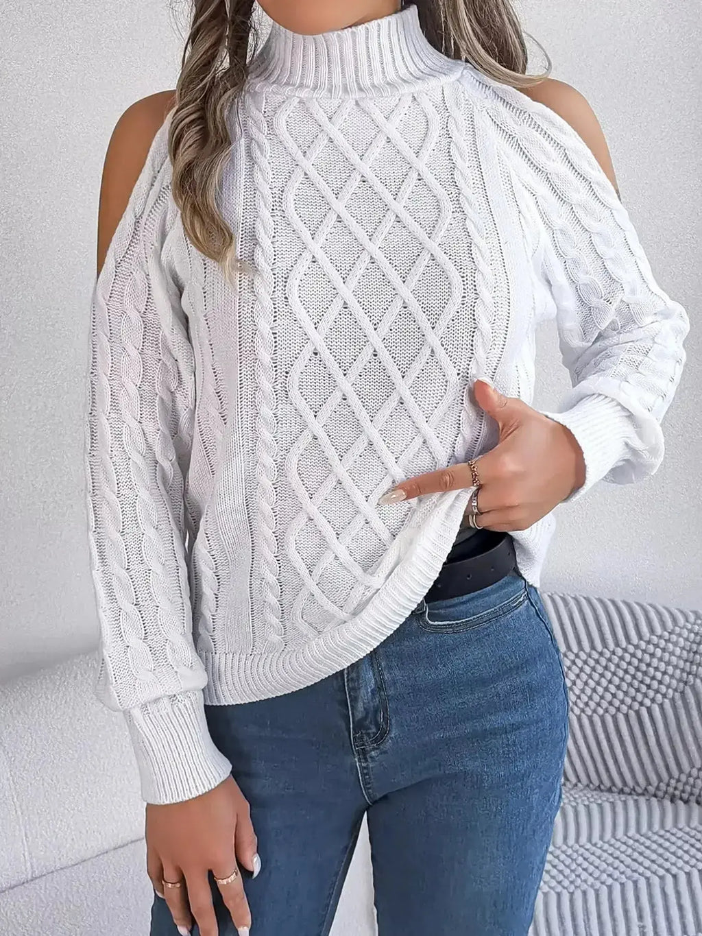 Cable Knit Cold Shoulder Turtleneck Sweater - DaisyDrop 