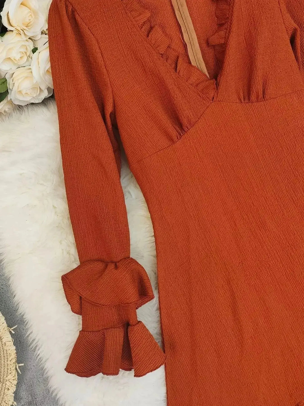 Ruffled High-Low Long Sleeve Dress - DaisyDrop 