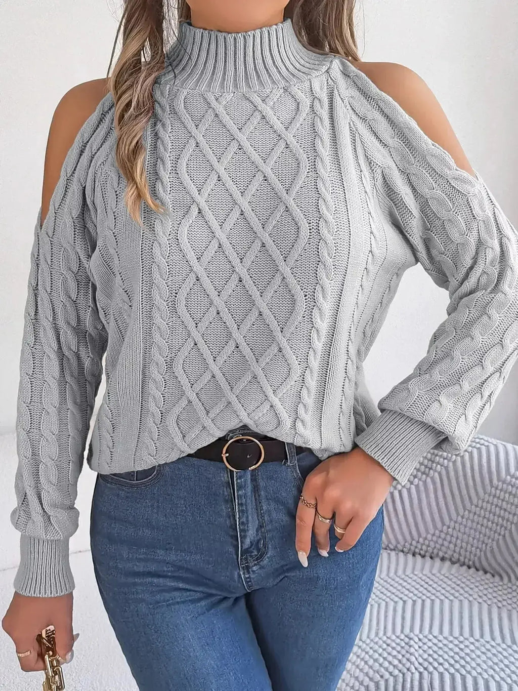 Cable Knit Cold Shoulder Turtleneck Sweater - DaisyDrop 