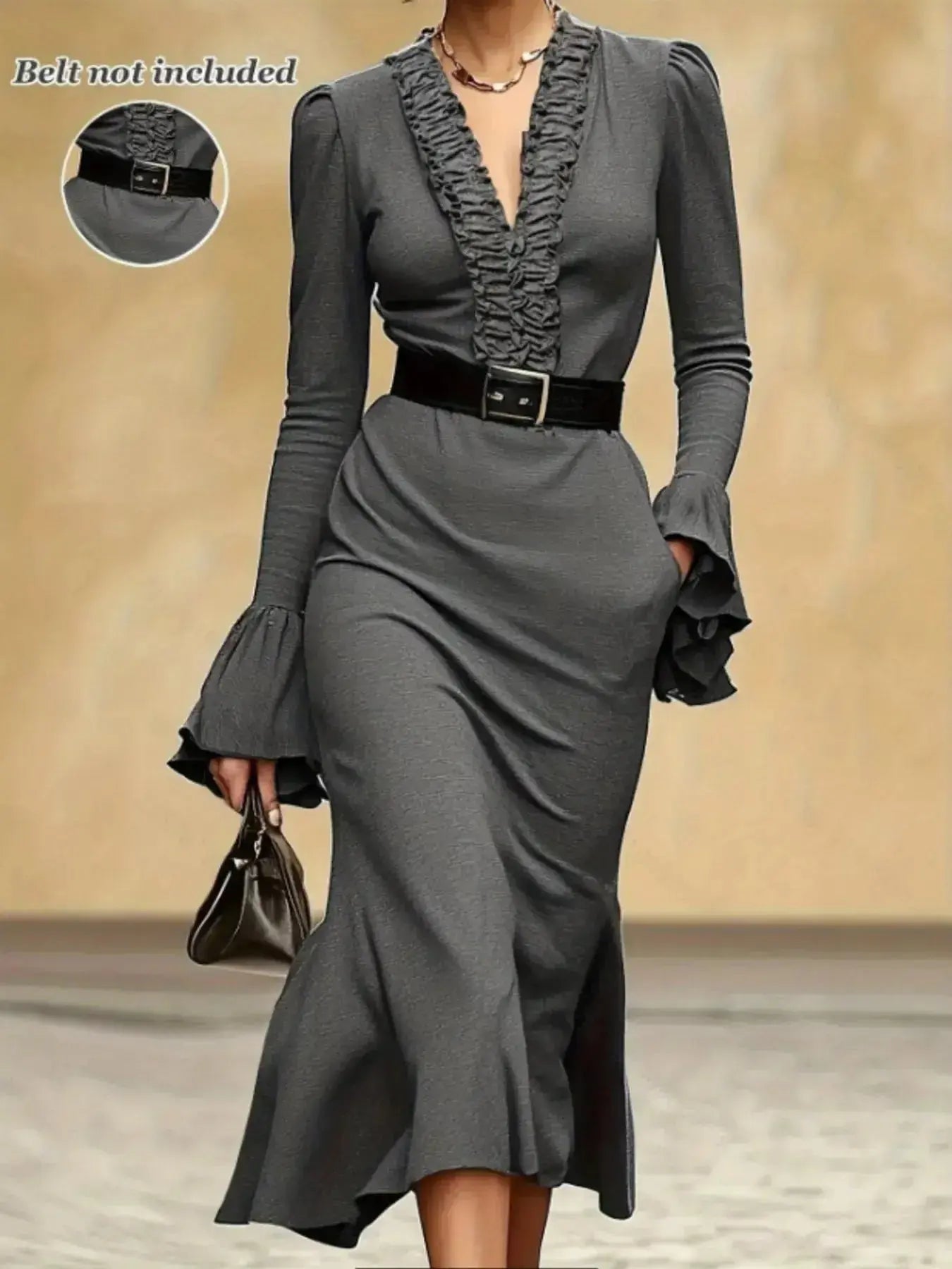 Frill V-Neck Flare Sleeve Dress - DaisyDrop 