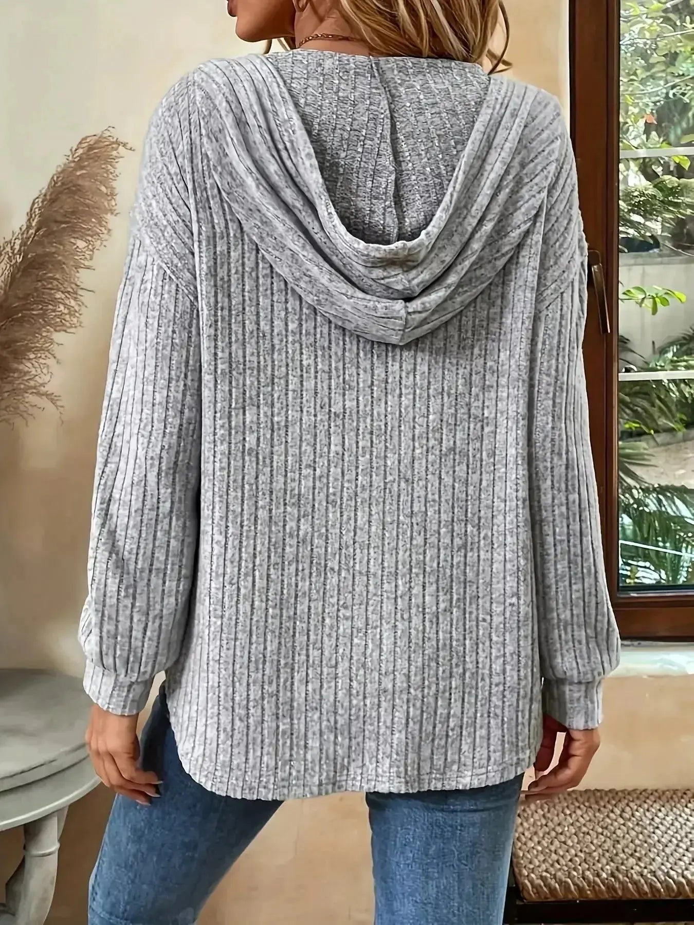 Casual Ribbed Button Detail Hoodie - DaisyDrop 