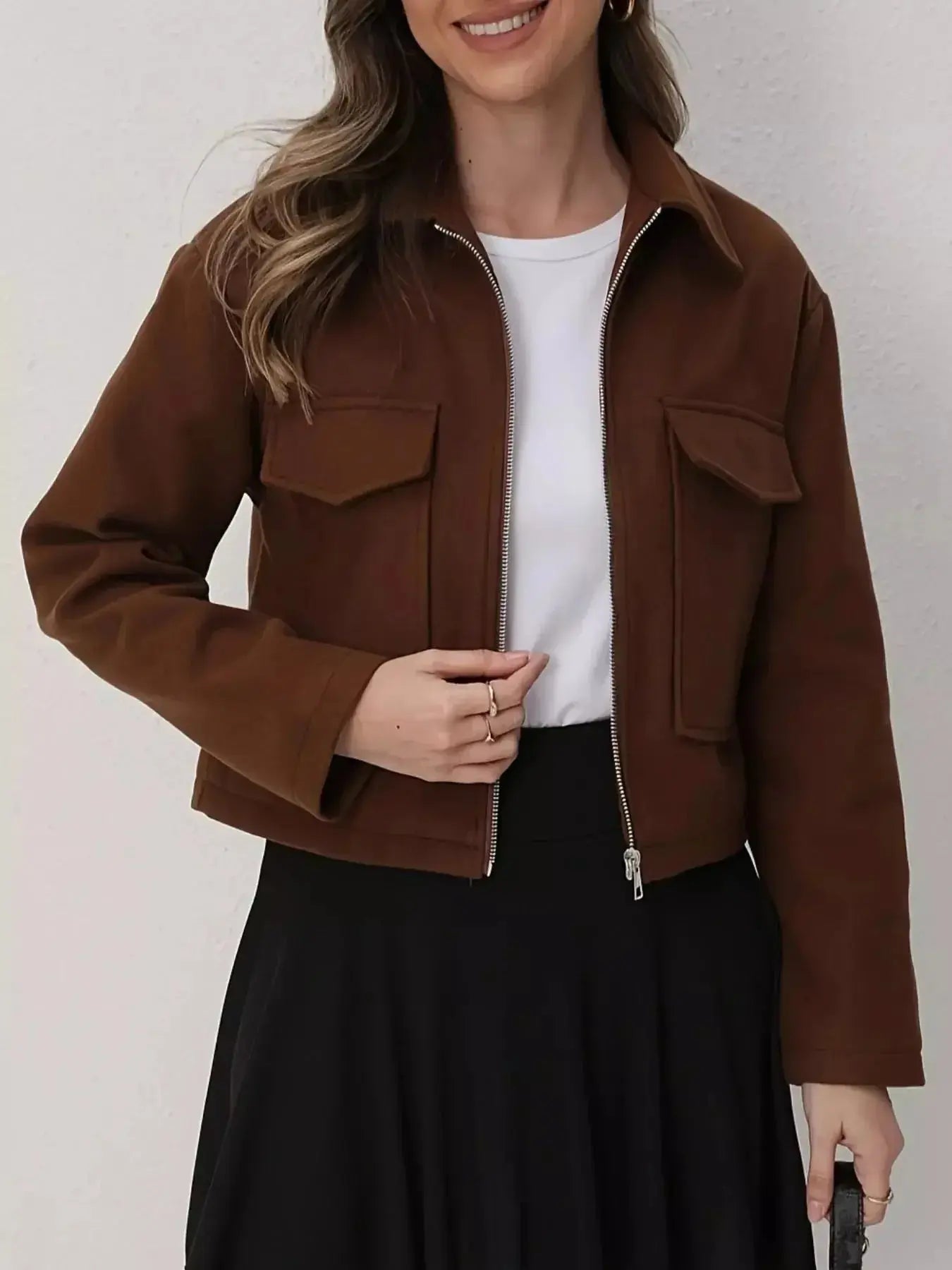Cropped Zip-Up Pocketed Jacket - DaisyDrop 