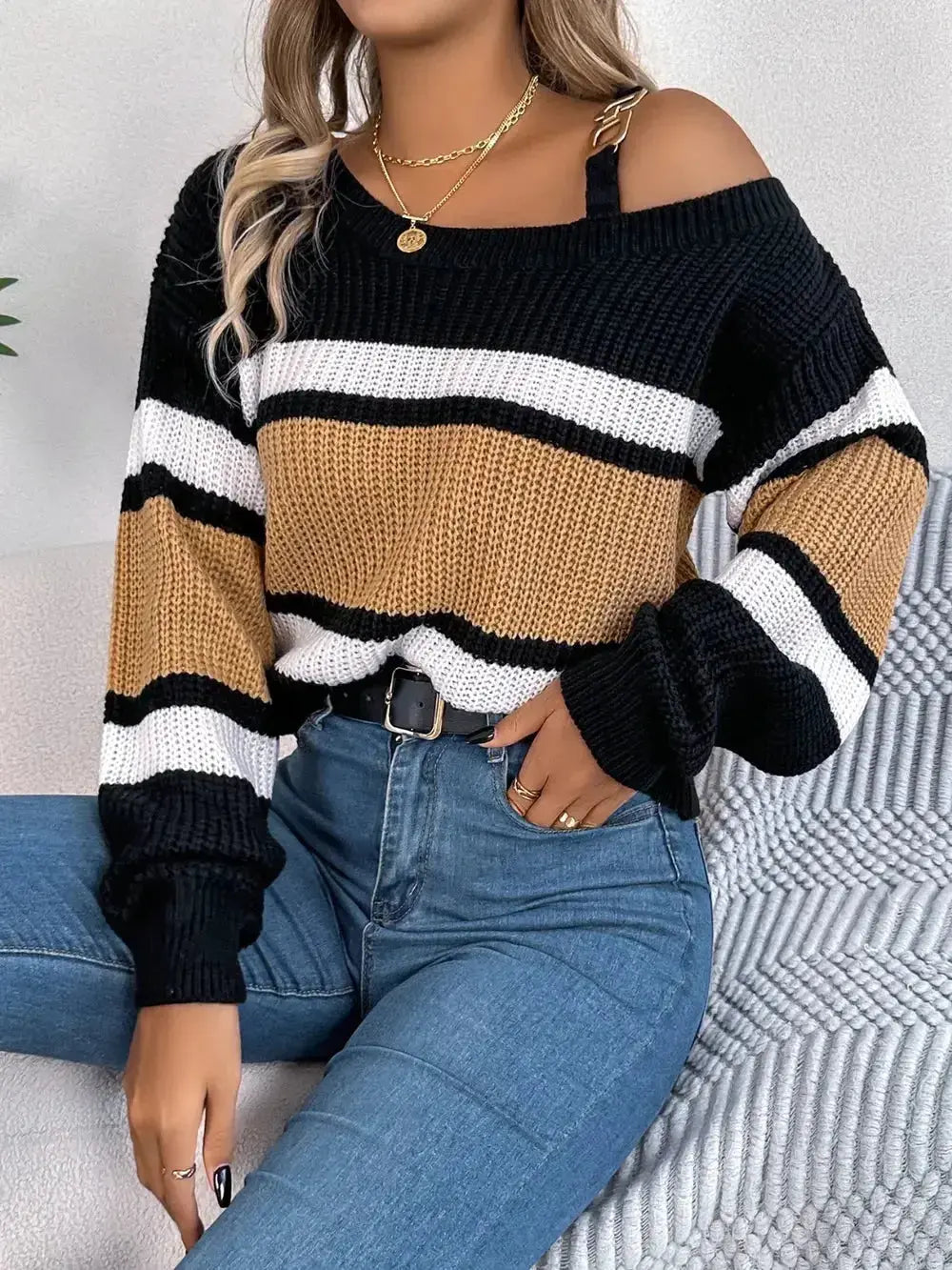 Color Block Asymmetrical Neck Long Sleeve Sweater - DaisyDrop 