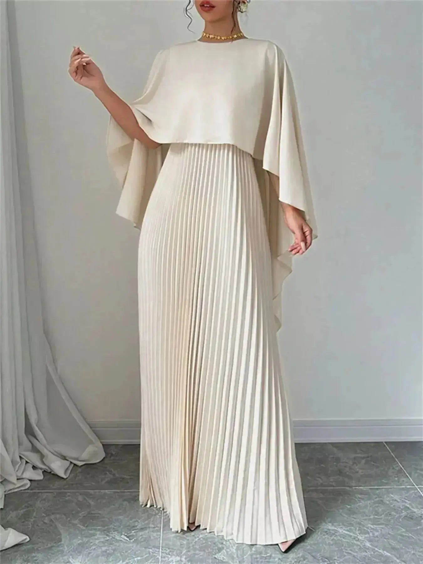 Cape Pleated Maxi Dress - DaisyDrop 