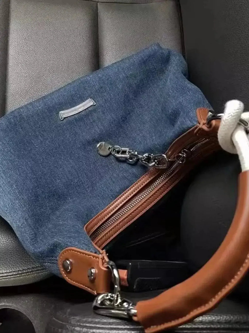 Denim Shoulder Bag with Leather Handle - DaisyDrop 