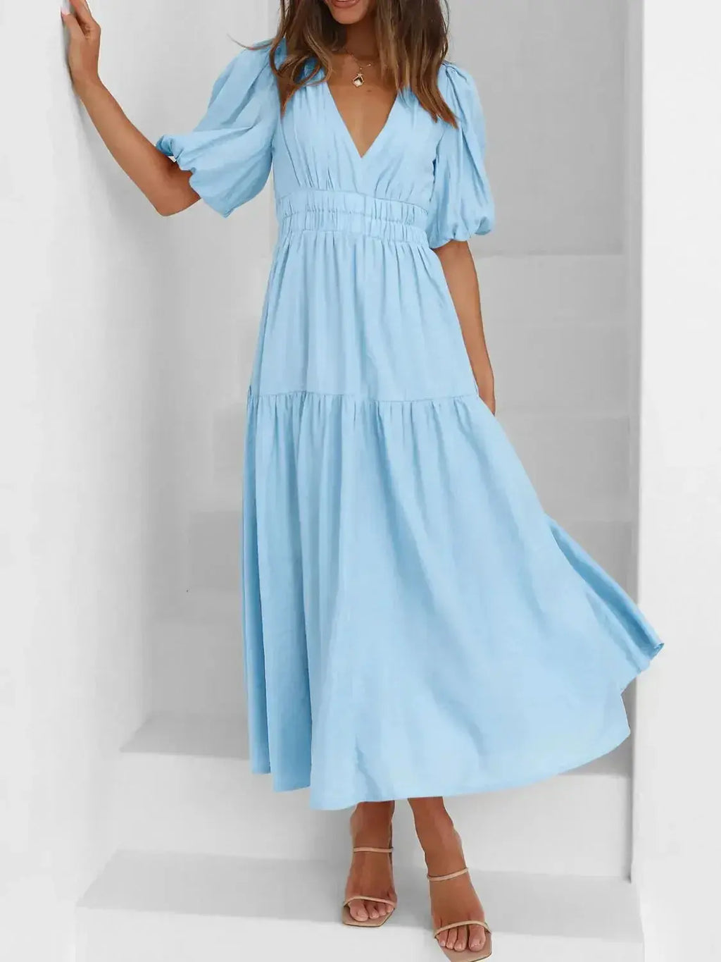 V-Neck Puff Sleeve Midi Dress - DaisyDrop 