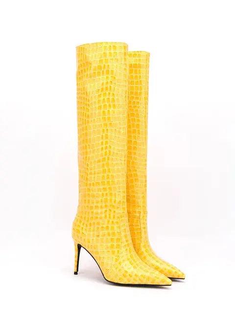 Women Knee High Boots Fluorescent Crocodile Leather Pointed Toe eprolo
