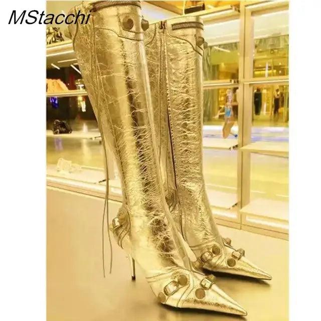 Zipper-Sid Long Botas De Mujer Metal Rivet Women High Knee Pointed Toe Boots eprolo