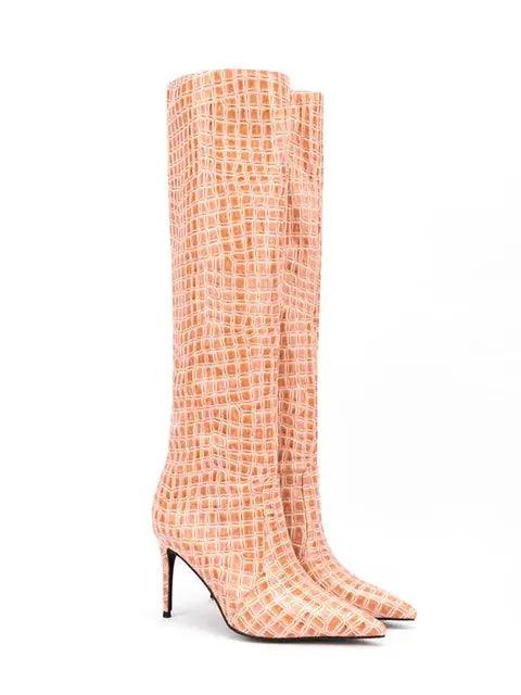 Women Knee High Boots Fluorescent Crocodile Leather Pointed Toe eprolo