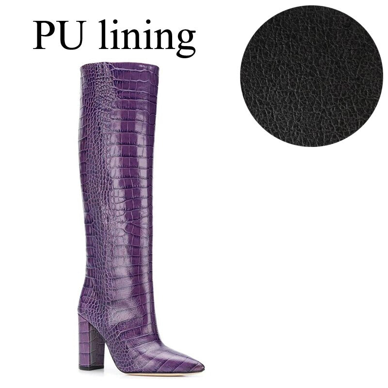 Women White Knee High Boots Crocodile Embossed Heel