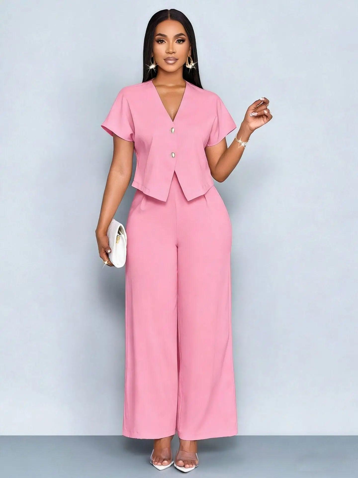 Two-Piece  Short Sleeve V-Neck Wide Leg Pants Set eprolo