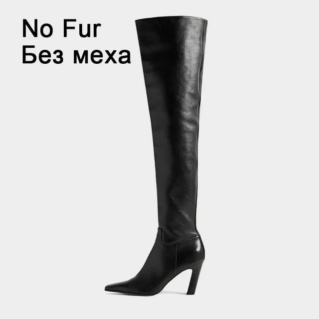 Autumn Winter Women Over Knee-High Boots Pointed Toe Real Leather Heels