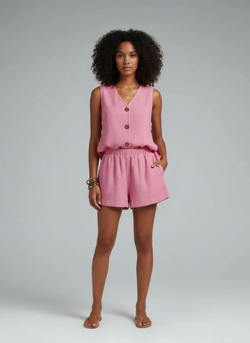 Full body view of the model wearing Sleeveless Button-Down Top and Shorts Set