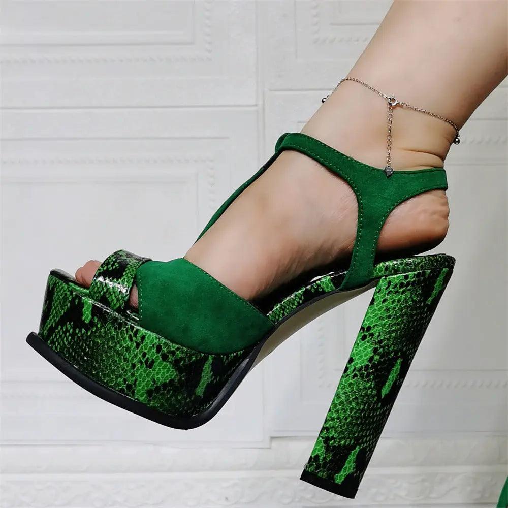 Green Snake Print Platform Peep Toe Block Heel Sandals eprolo