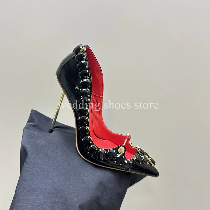 Rhinestone Heels Patent Leather Sexy Pointed Toe