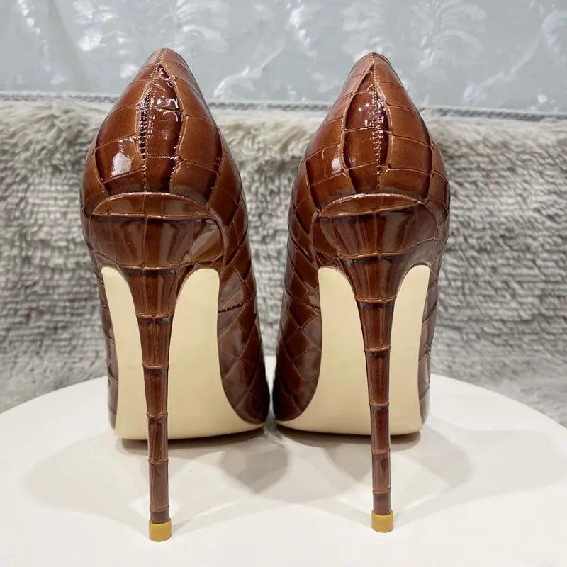 Tikicup Coffee Brown Crocodile Effect Sexy Pointy Toe eprolo