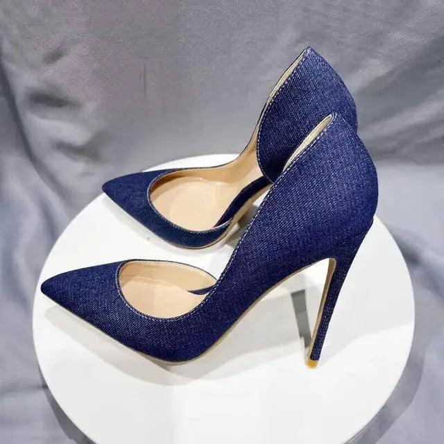 Women Navy Blue Denim Fabric Sexy  Pointy Toe High Heels eprolo