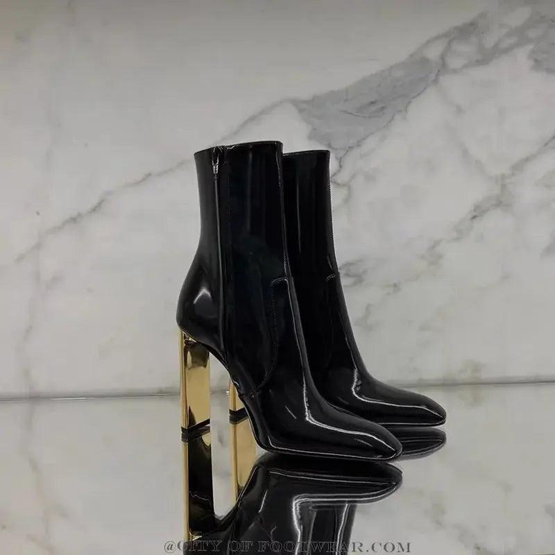 Black Patent Leather Women Gold High Heeled Ankle Boots eprolo
