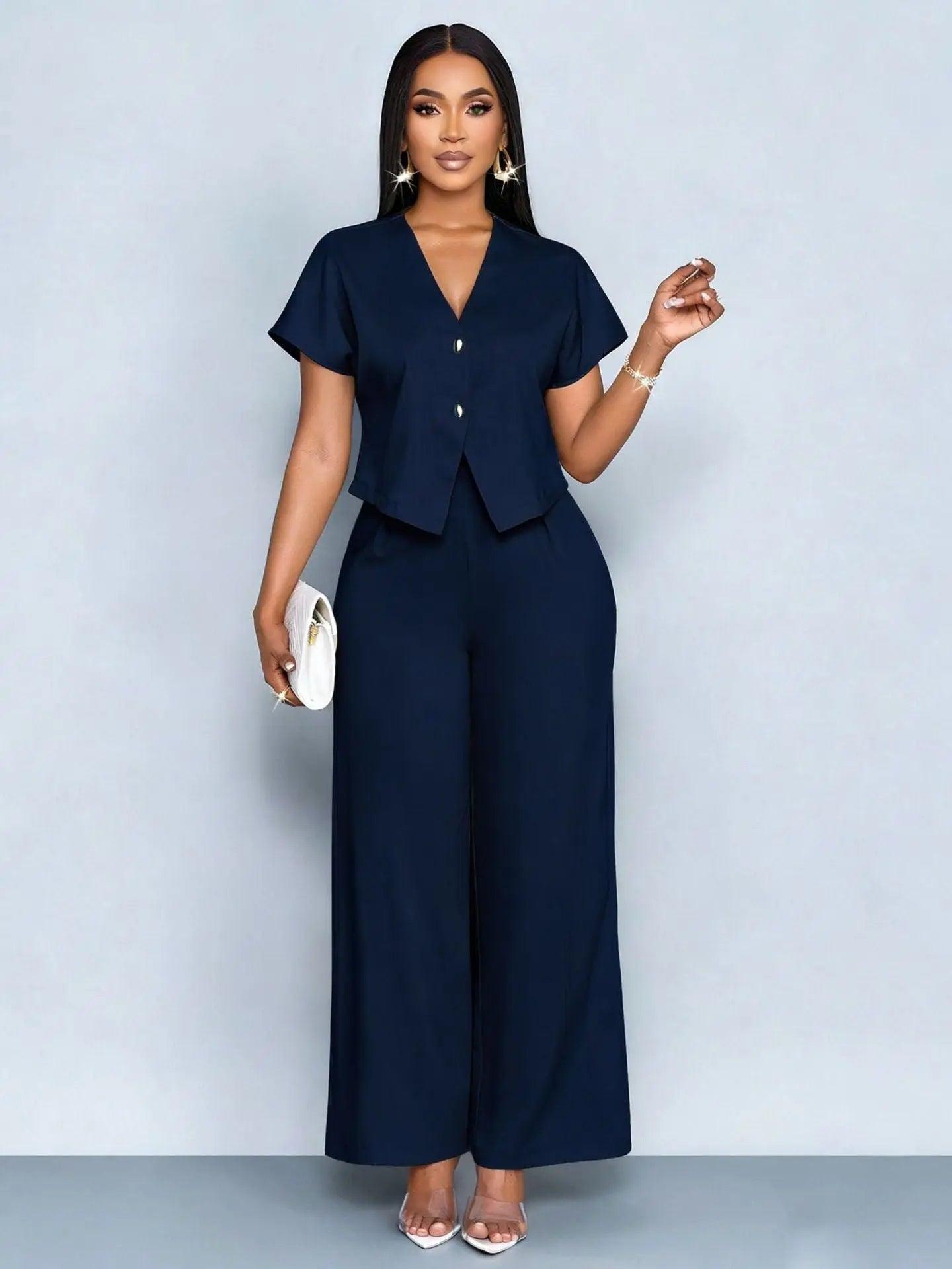 Two-Piece  Short Sleeve V-Neck Wide Leg Pants Set eprolo