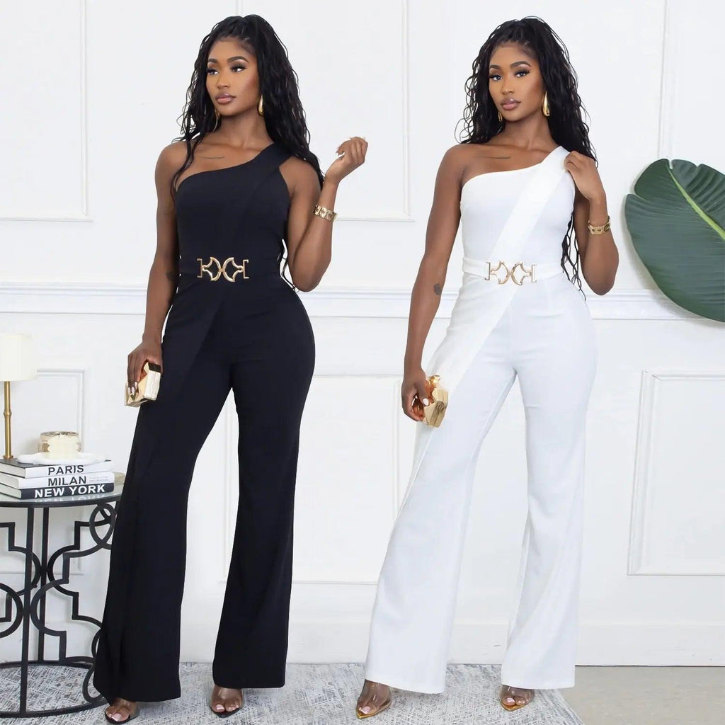 Elegant Decorative Button Asymmetrical Shoulder Jumpsuit eprolo