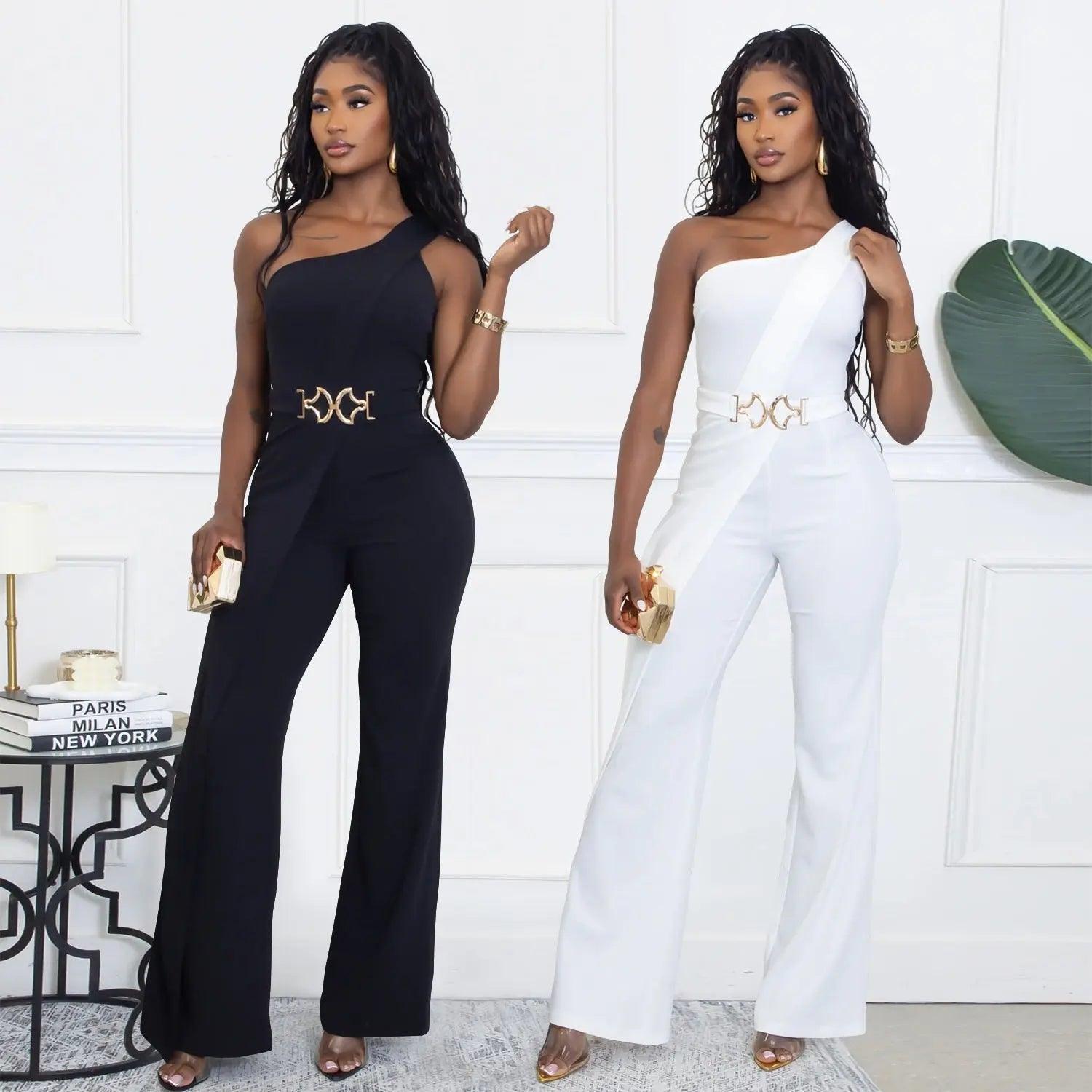 Elegant Decorative Button Asymmetrical Shoulder Jumpsuit eprolo