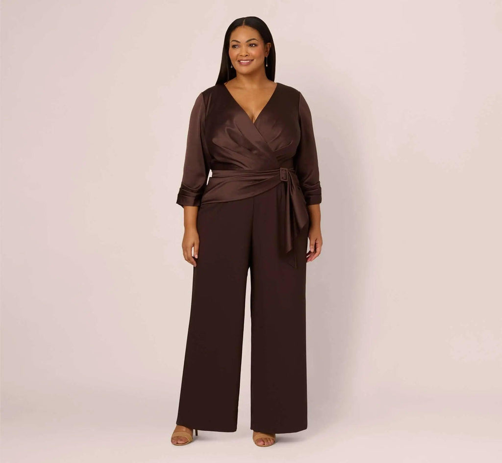 Halter Neck Full-Length Satin Crepe Jumpsuit with Buckle Waist Plus Size Adrianna Papell Adrianna Papell