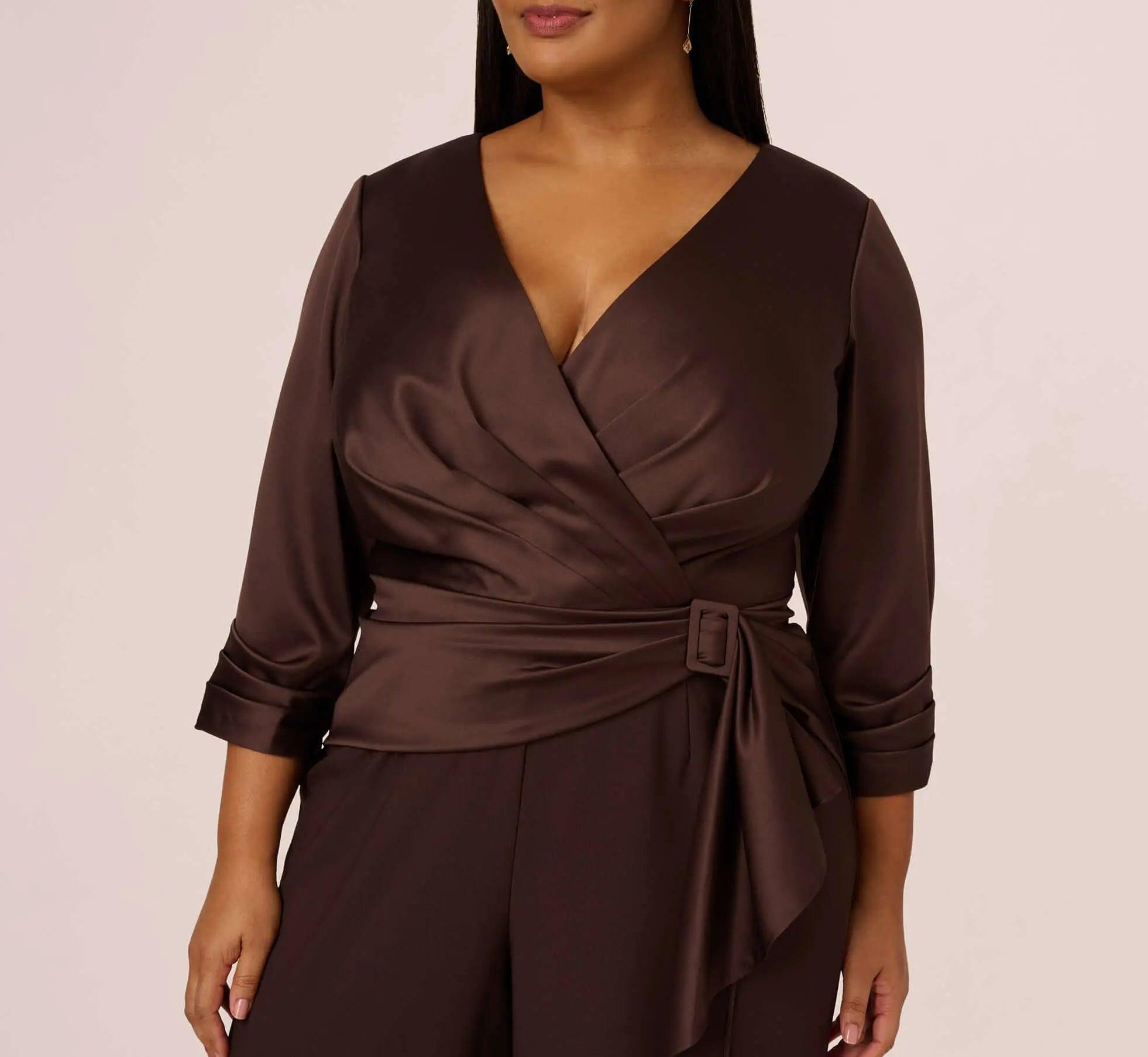 Halter Neck Full-Length Satin Crepe Jumpsuit with Buckle Waist Plus Size Adrianna Papell Adrianna Papell