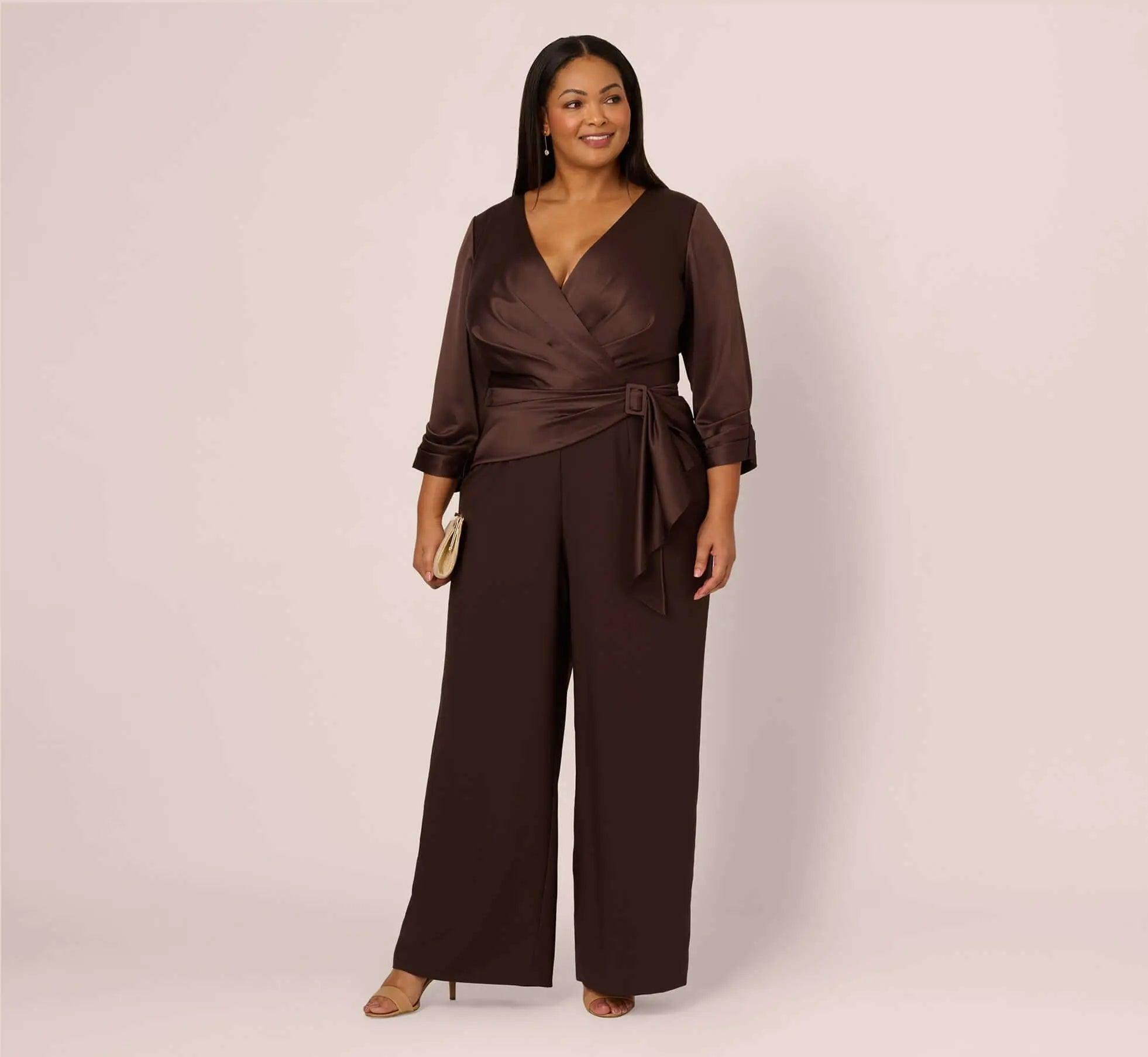 Halter Neck Full-Length Satin Crepe Jumpsuit with Buckle Waist Plus Size Adrianna Papell Adrianna Papell