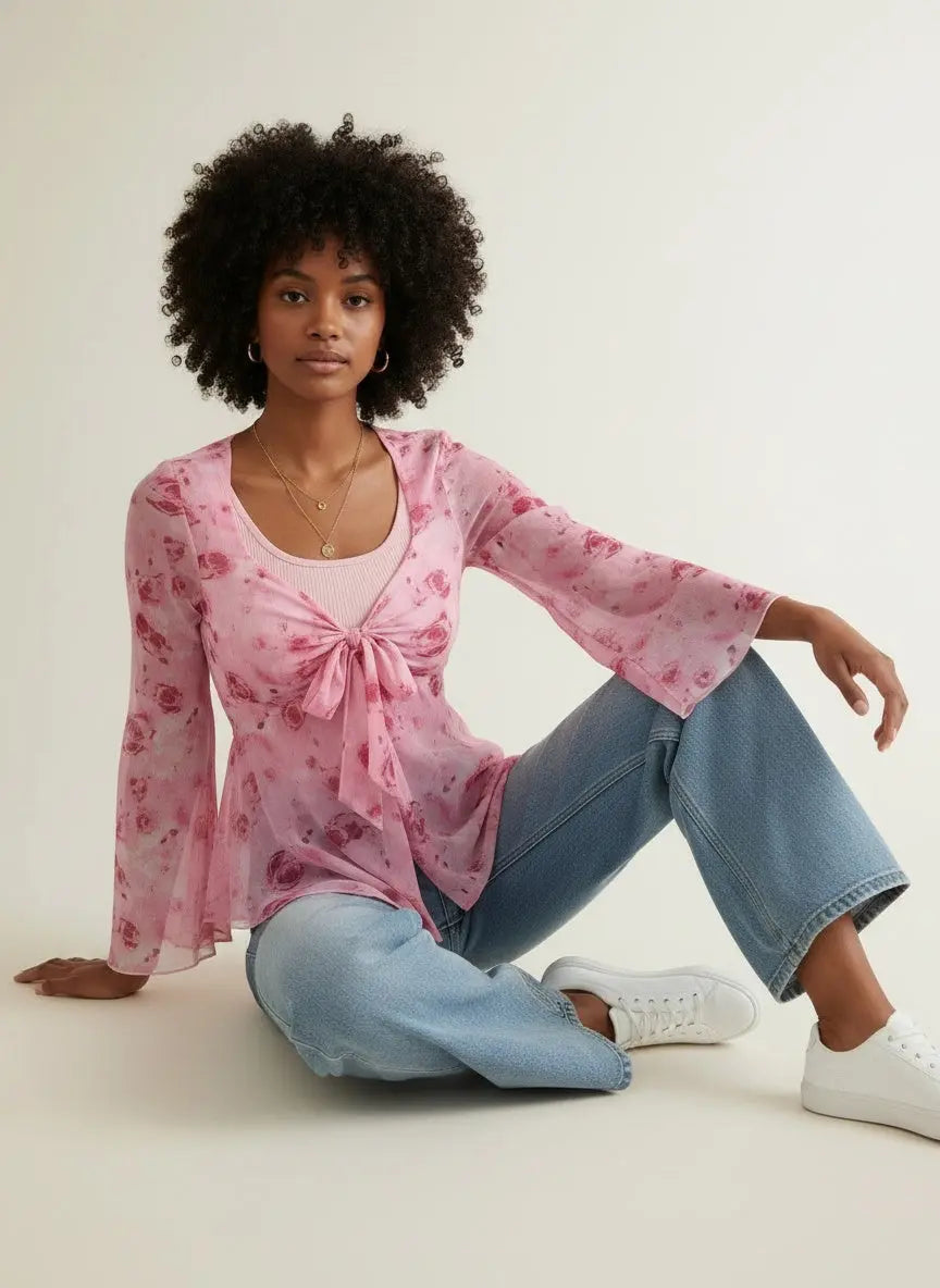 Model sitting while wearing Floral Print Tie Front Flare Sleeve Chiffon Blouse