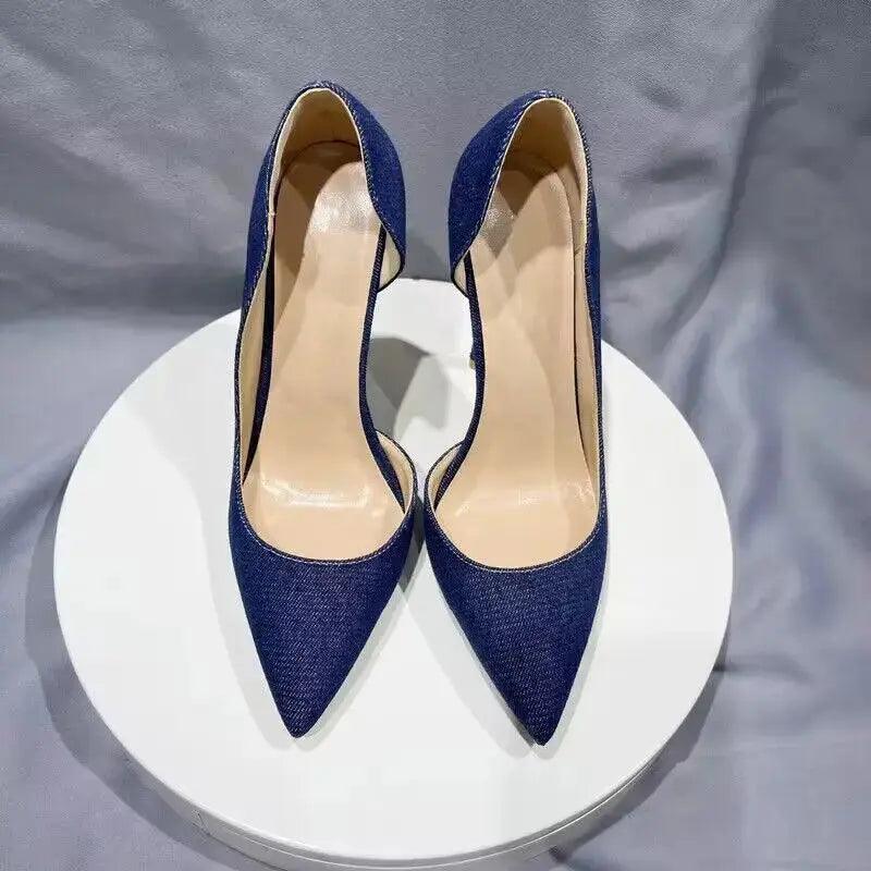Women Navy Blue Denim Fabric Sexy  Pointy Toe High Heels eprolo