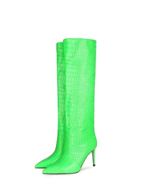Women Knee High Boots Fluorescent Crocodile Leather Pointed Toe eprolo
