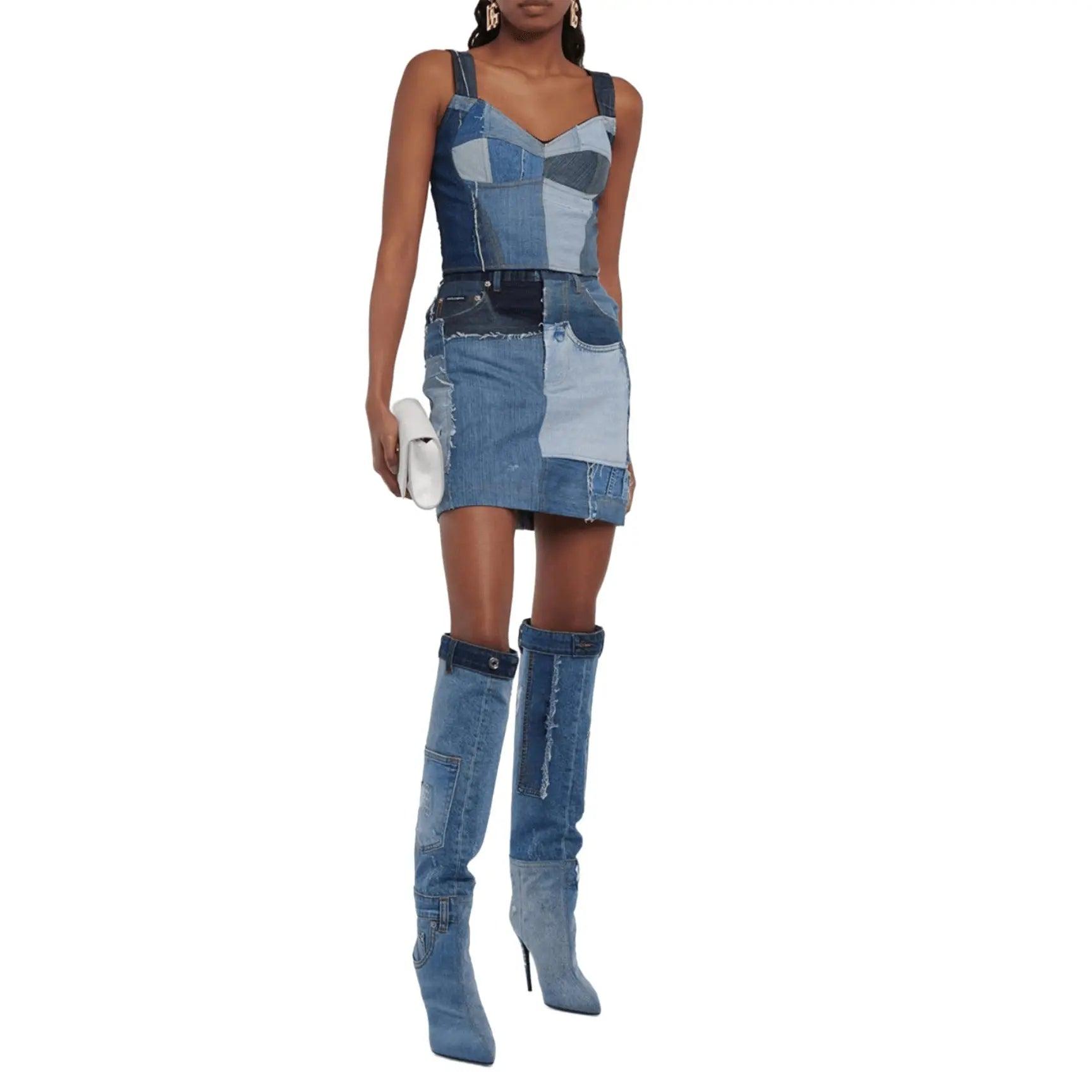 Blue Denim Pocket Pointed Toe Worn Washed Cloth Over The Knee Boots eprolo