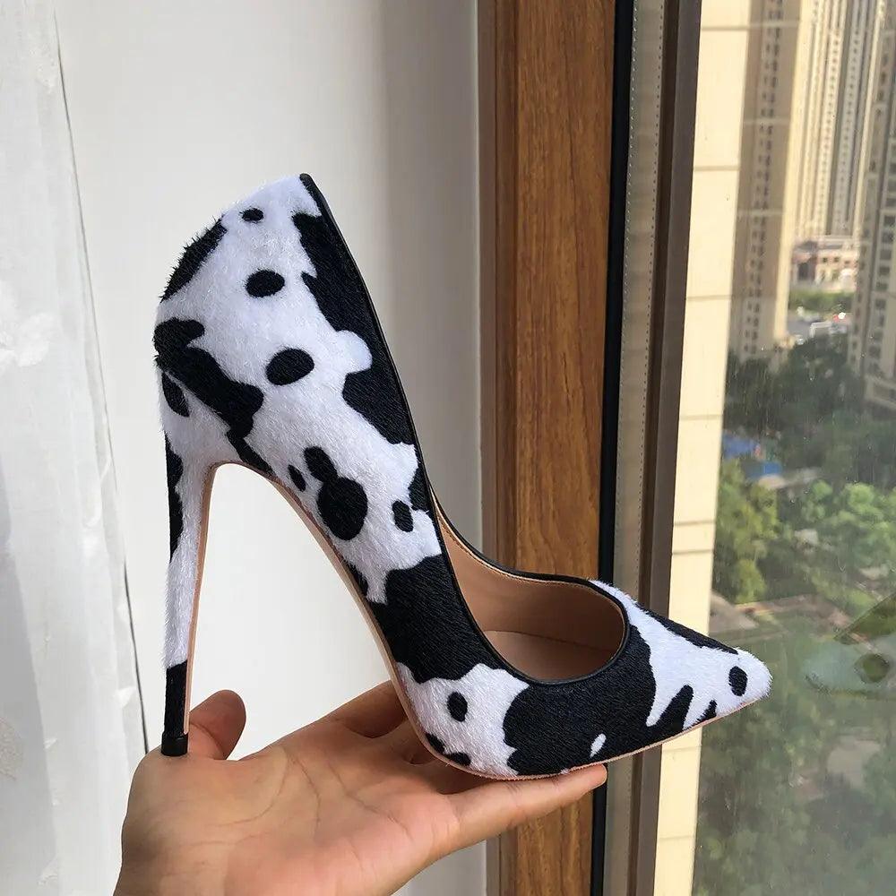 Tikicup Cow Print Women White Hairy Flock Pointy Toe High Heels eprolo