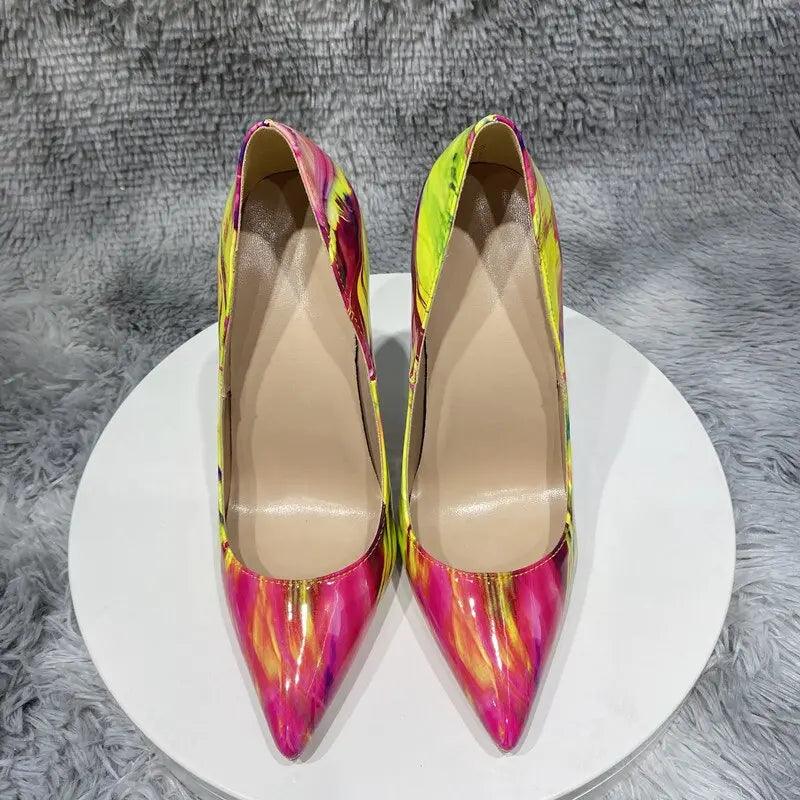 Glossy Colorful Print Women Pointed Toe High Heels eprolo