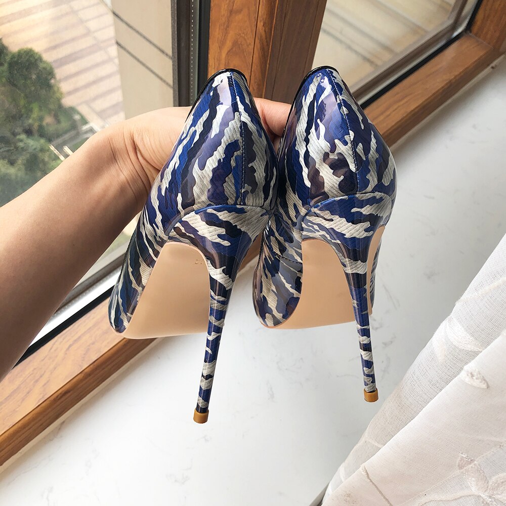 Tikicup Blue Women Patent Printed Pointy Toe High Heels