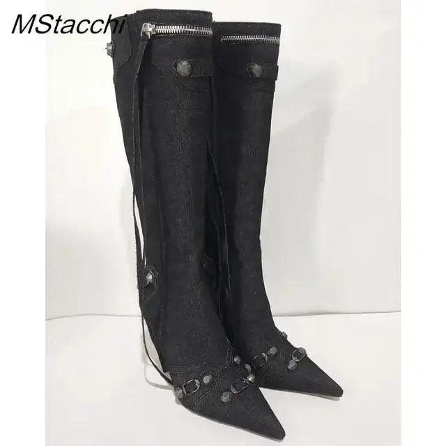 Zipper-Sid Long Botas De Mujer Metal Rivet Women High Knee Pointed Toe Boots eprolo