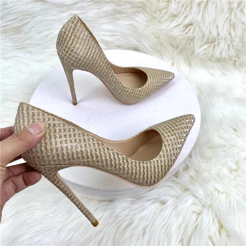 Plaid Glitter Gold Sequined Women Pointy Toe High Heels eprolo