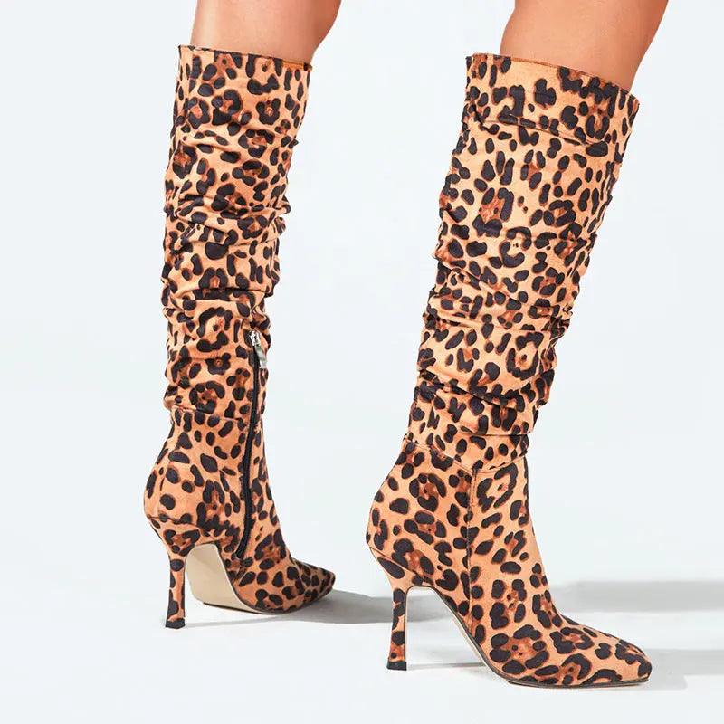 Leopard Print High-Heeled Boots Square Head Thin Heel eprolo