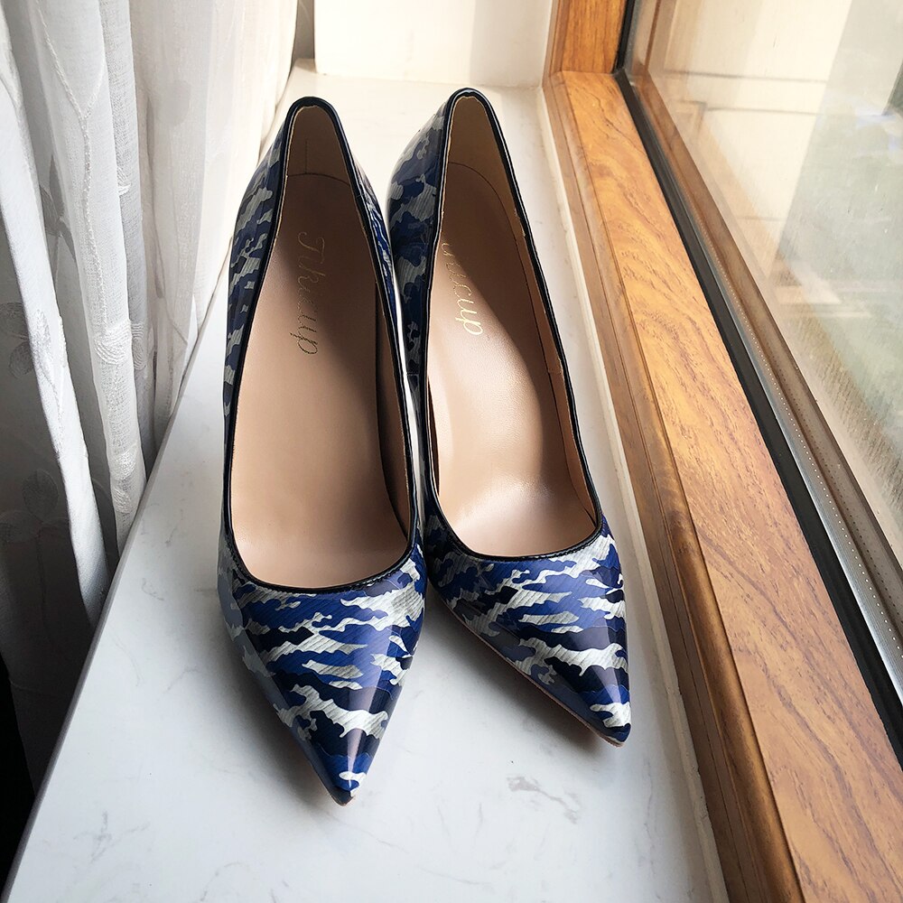 Tikicup Blue Women Patent Printed Pointy Toe High Heels