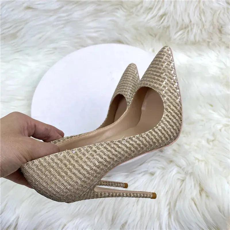 Plaid Glitter Gold Sequined Women Pointy Toe High Heels eprolo
