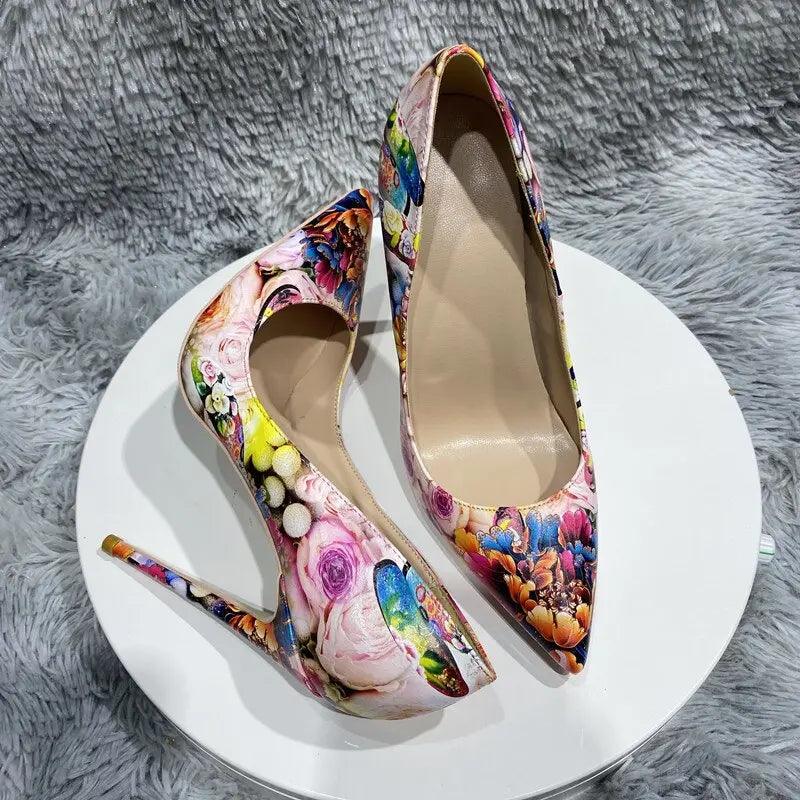 Floral Painting Print Pointy Toe High Heel eprolo