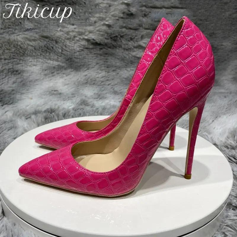 Tikicup Rose Pink Crocodile Effect Stiletto Pump Pointed Toe eprolo