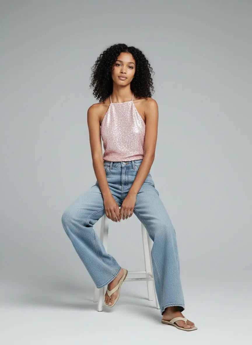 Model sitting while wearing Sequin Halter Neck Cami
